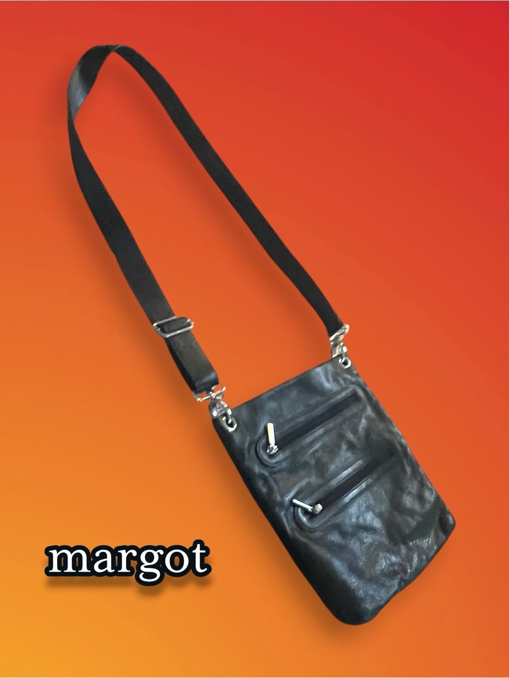 Margot New York Black Genuine Leather Double Zip Crossbody Bag Minimalist Style
